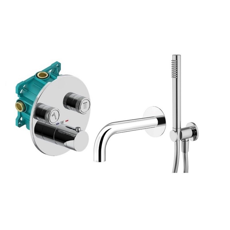 Изображение товара Смеситель Plumberia Selection Psbox KITPSB02CR60 для ванны и душа, термостатический, на 2 потребителя, с душевым гарнитуром, цвет хром, комплект Изображение товара Смеситель Plumberia Selection Psbox KITPSB02CR60 для ванны и душа, термостатический, на 2 потребителя, с душевым гарнитуром, цвет хром, комплект