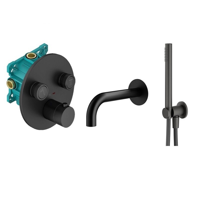 Изображение товара Смеситель Plumberia Selection Psbox KITPSB02NO60 для ванны и душа, термостатический, с душевым гарнитуром, цвет черный матовый, комплект