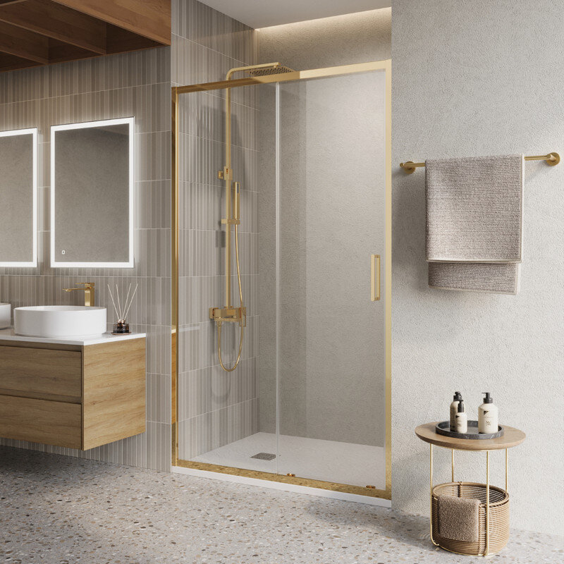 Изображение товара Душевая дверь BelBagno LUCE-BF-1-120-C-ORO, 120 см, стекло прозрачное, профиль золото