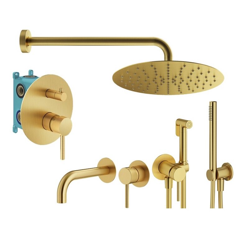 Изображение товара Комплект смесителей Plumberia Selection Ixo с душем и верхним душем, золото брашированное