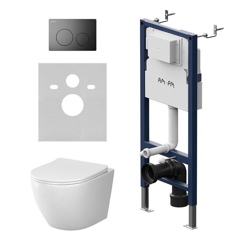 Изображение товара Инсталляция Am.Pm PrimeFit, IS90138.801900, унитаз подвесной Am.Pm Like Aquaspin, безободковый, сиденье микролифт, с клавишей черный матовый
