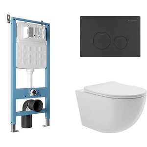 Изображение товара Комплект Aqueduto, AQDS020: инсталляция Aqueduto Tecnica, безободковый унитаз Aqueduto Ovo белый глянцевый, с крышкой-сиденьем микролифт, панель смыва Circulo, цвет черный матовый