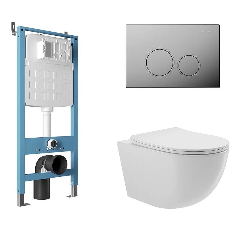 Изображение товара Комплект Aqueduto, AQDS021: инсталляция Aqueduto Tecnica, безободковый унитаз Aqueduto Ovo белый глянцевый, с крышкой-сиденьем микролифт, панель смыва Circulo, цвет хром