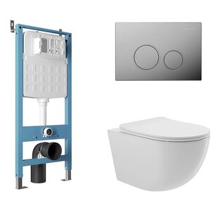 Изображение товара Комплект Aqueduto, AQDS021: инсталляция Aqueduto Tecnica, безободковый унитаз Aqueduto Ovo белый глянцевый, с крышкой-сиденьем микролифт, панель смыва Circulo, цвет хром