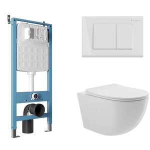 Изображение товара Комплект Aqueduto, AQDS022: инсталляция Aqueduto Tecnica, безободковый унитаз Aqueduto Ovo белый глянцевый, с крышкой-сиденьем микролифт, панель смыва Quadrado, цвет белый глянцевый