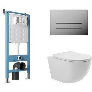 Изображение товара Комплект Aqueduto, AQDS027: инсталляция Aqueduto Tecnica, безободковый унитаз Aqueduto Ovo белый глянцевый, с крышкой-сиденьем микролифт, панель смыва Retangulo, цвет хром