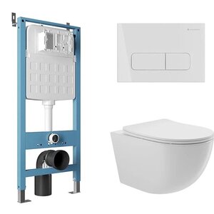 Изображение товара Комплект Aqueduto, AQDS028: инсталляция Aqueduto Tecnica, безободковый унитаз Aqueduto Ovo белый глянцевый, с крышкой-сиденьем микролифт, панель смыва Forma, цвет белый глянцевый