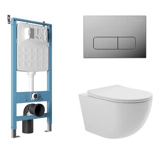 Изображение товара Комплект Aqueduto, AQDS030: инсталляция Aqueduto Tecnica, безободковый унитаз Aqueduto Ovo белый глянцевый, с крышкой-сиденьем микролифт, панель смыва Forma, цвет хром