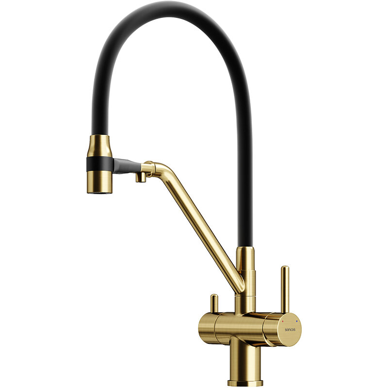 Изображение товара Смеситель для кухонной мойки Sancos Dora SC4003BG, с подключением к фильтру, с гибким изливом, цвет золото брашированное, PVD покрытие
