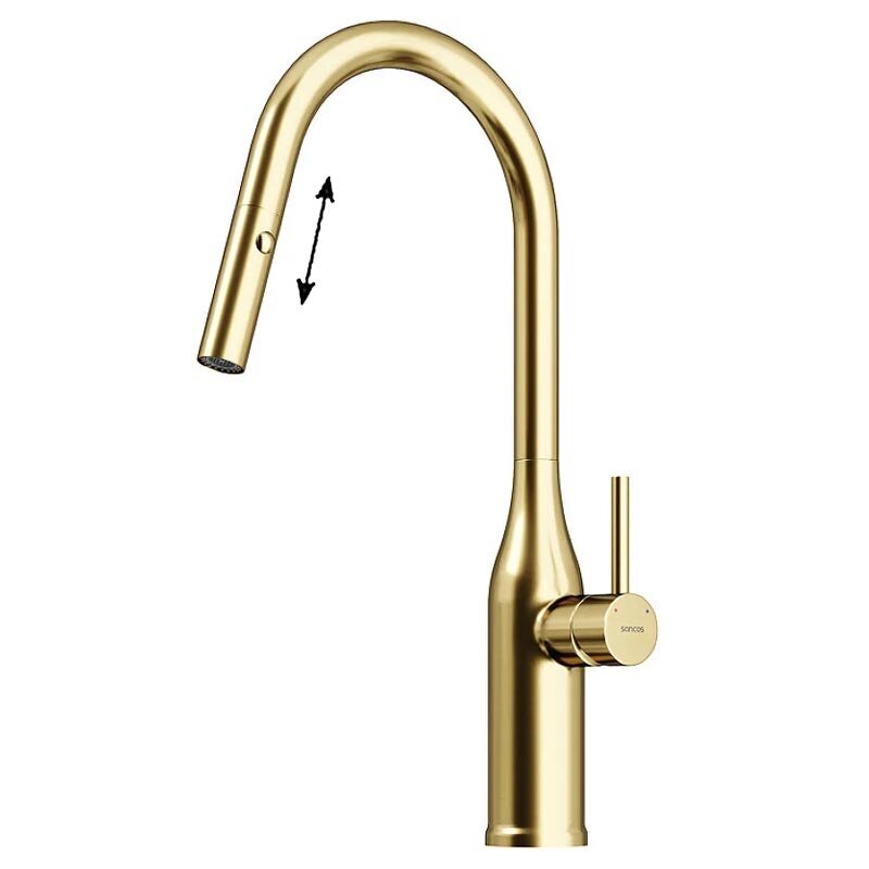Изображение товара Смеситель для кухонной мойки Sancos Grand SC4002BG, с выдвижным изливом, цвет золото брашированное, PVD покрытие