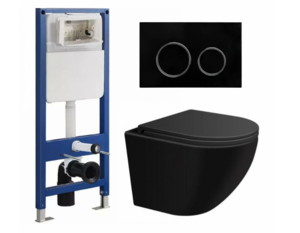 Изображение товара Комплект SIN-CCI-SMP-101,SIN-FB-ARB-506,SIN-TS-EVI-151BM: инсталляция SinteSi CCI-SMP-101, черный подвесной безободковой унитаз EVI, клавиша черная