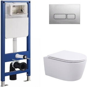 Изображение товара Комплект SIN-CCI-SMP-101,SIN-FB-BSC-503,SIN-TS-SLR-181 инсталляция SinteSi CCI-SMP-101, белый подвесной безободковый унитаз ESSLER, клавиша хром