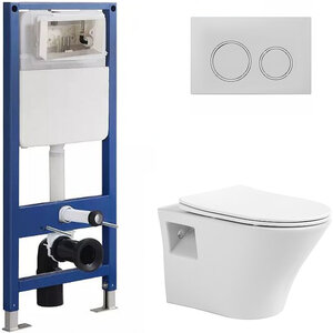 Изображение товара Комплект SIN-CCI-SMP-101,SIN-FB-XRW-502,SIN-TS-RNK-161: инсталляция SinteSi CCI-SMP-101, белый подвесной безободковый унитаз RINK, клавиша белая