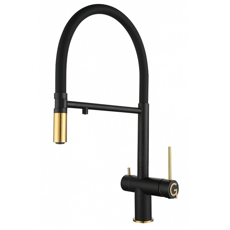 Изображение товара Rivelato Adria 1523517 антрацит/золото — смеситель для кухонной мойки с подключением к фильтру