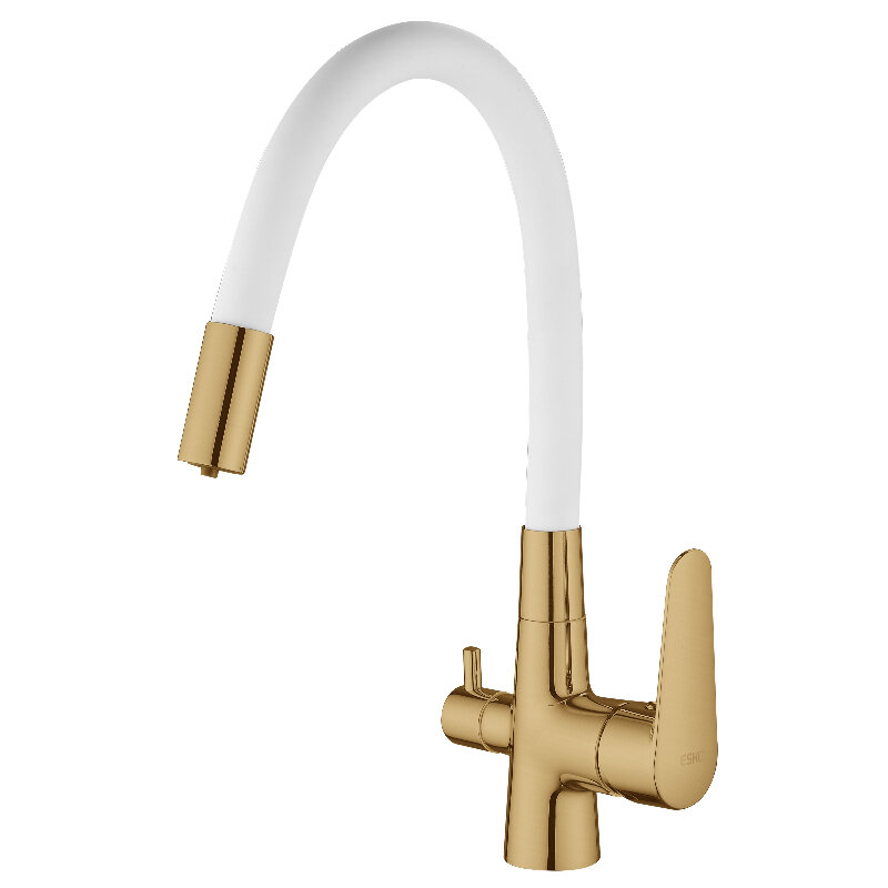 Изображение товара Смеситель Esko Coral CL03GW для кухонной мойки, с гибким изливом, с подключением к фильтру, цвет белый/золото Изображение товара Смеситель Esko Coral CL03GW для кухонной мойки, с гибким изливом, с подключением к фильтру, цвет белый/золото