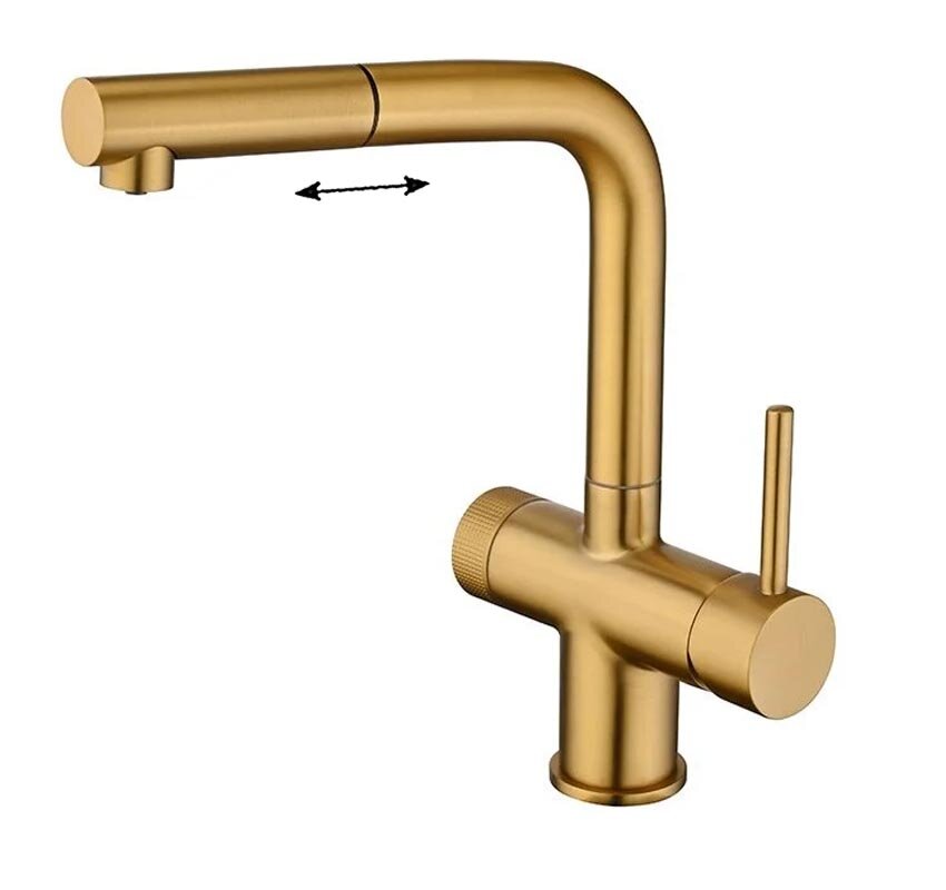 Изображение товара Смеситель Emar 7026 PVD Golden с выдвижным изливом и подключением к фильтру Изображение товара Смеситель Emar 7026 PVD Golden с выдвижным изливом и подключением к фильтру