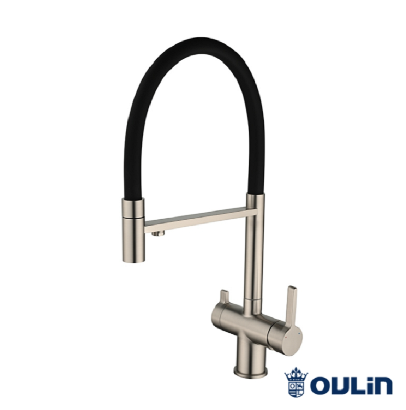 Изображение товара Смеситель для кухонной мойки Oulin OL - 8024 Satin, латунь, с гибким изливом и подключением к фильтру, цвет сатин/черный