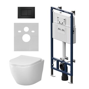 Изображение товара Комплект IS100238.801900, Инсталляция Am.Pm MasterFit с подвесным унитазом Like Aquaspin торнадо, шумоизоляция, сиденье микролифт, клавиша смыва L черная матовая