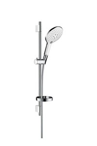 Изображение товара Душевой гарнитур Hansgrohe Raindance Select S 150 3iet с мыльницей 27802400, штанга 65 см, корпус хром, лицевая часть белая, 3 режима струи