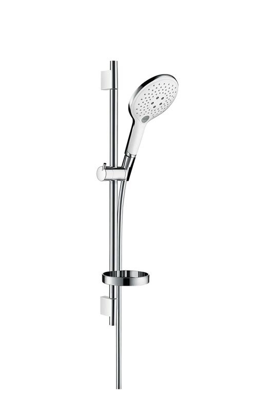 Изображение товара Душевой гарнитур Hansgrohe Raindance Select S 150 3iet с мыльницей 27802400, штанга 65 см, корпус хром, лицевая часть белая, 3 режима струи