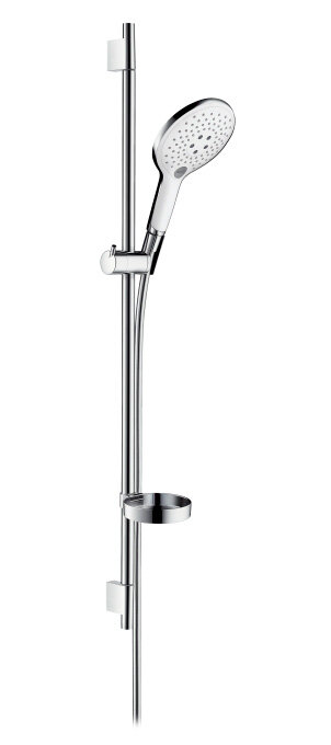 Изображение товара Душевой гарнитур Hansgrohe Raindance Select S 150 3iet с мыльницей 27803400, штанга 90 см, корпус хром, лицевая часть белая, 3 режима струи
