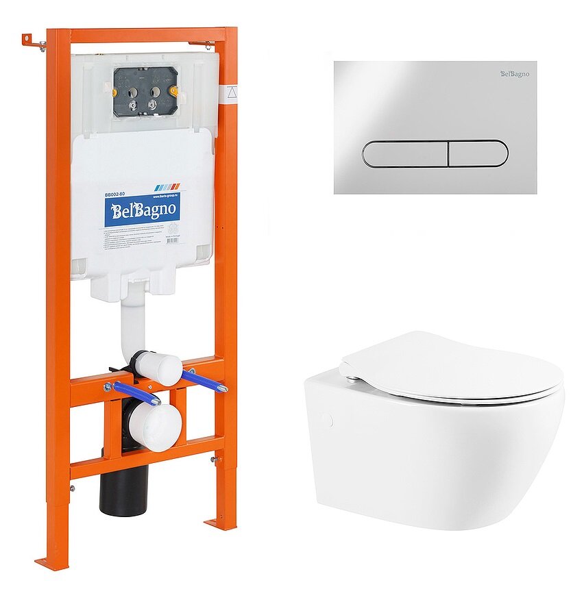 Изображение товара Инсталляция с унитазом BelBagno BB507B/BB2020SC/BB002-80/BB005-PR-CHROME, сиденье микролифт, клавиша смыва хром, белый, комплект 4 в 1