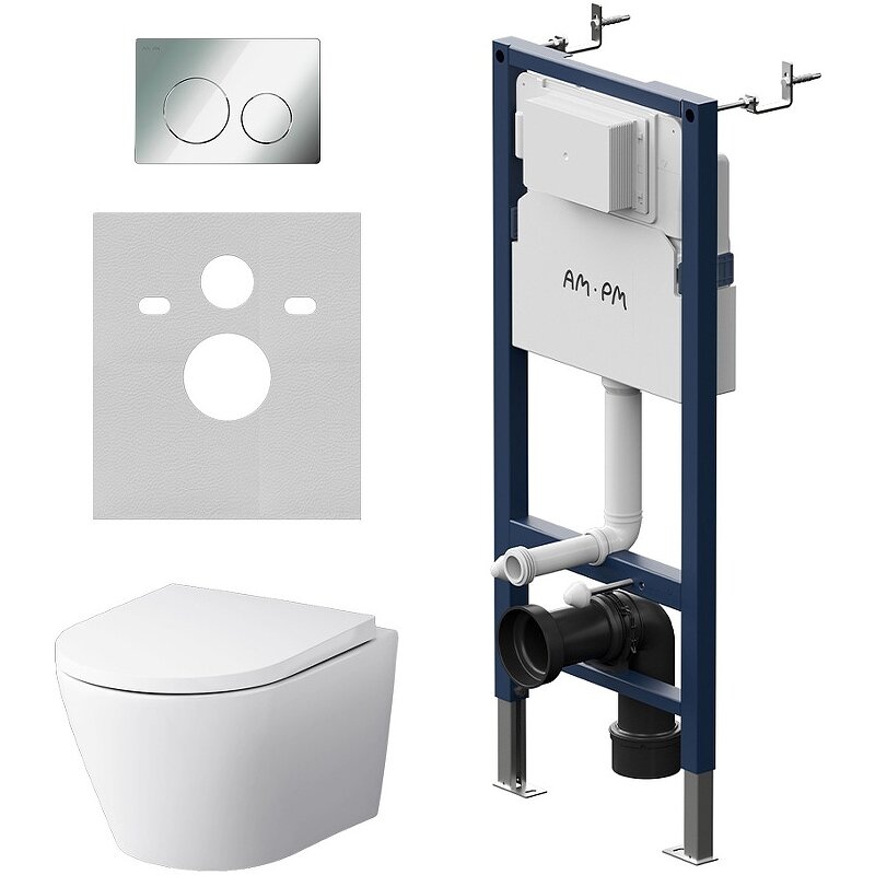 Изображение товара Инсталляция Am.Pm Sense IS90251.741701, с подвесным унитазом Sense FlashClean, безободковый, с клавишей  PrimeFit S хром глянец, сиденье микролифт