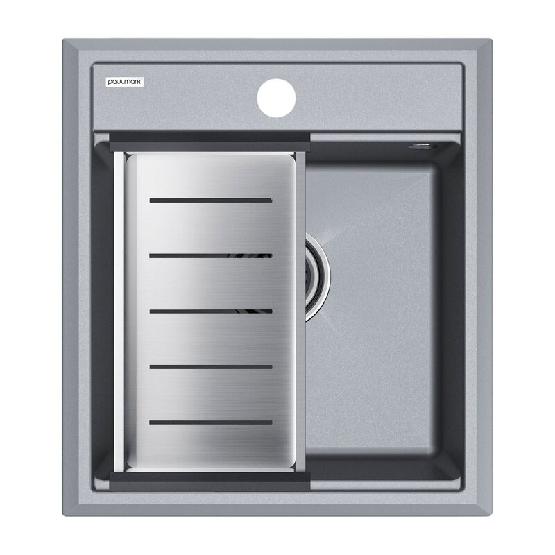Изображение товара Мойка кухонная Paulmark Stepia PM114651-GRM+A375-BS, 45 см, искусственный камень, с коландером Advance, серый металлик/брашированная нержавеющая сталь Изображение товара Мойка кухонная Paulmark Stepia PM114651-GRM+A375-BS, 45 см, искусственный камень, с коландером Advance, серый металлик/брашированная нержавеющая сталь