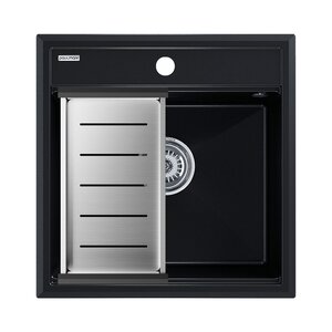 Изображение товара Мойка кухонная Paulmark Stepia PM115051-BLM+A375-BS, 50 см, искусственный камень, с коландером Advance, черный металлик