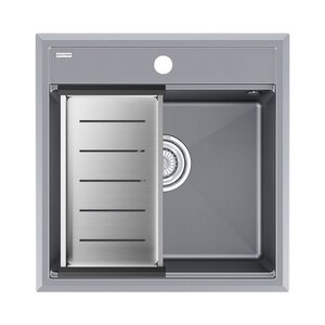 Изображение товара Мойка кухонная Paulmark Stepia PM115051-GRM+A375-BS, 50 см, искусственный камень, с коландером Advance, серый металлик/брашированная нержавеющая сталь
