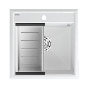 Изображение товара Мойка кухонная Paulmark Stepia PM115051-WH+A375-BS, 50 см, искусственный камень, с коландером Advance, белый/брашированная нержавеющая сталь