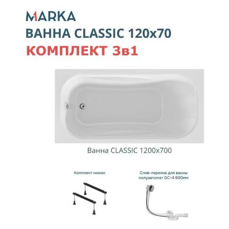 Изображение товара Акриловая ванна 120x70 см 1MarKa Classic угловая белая