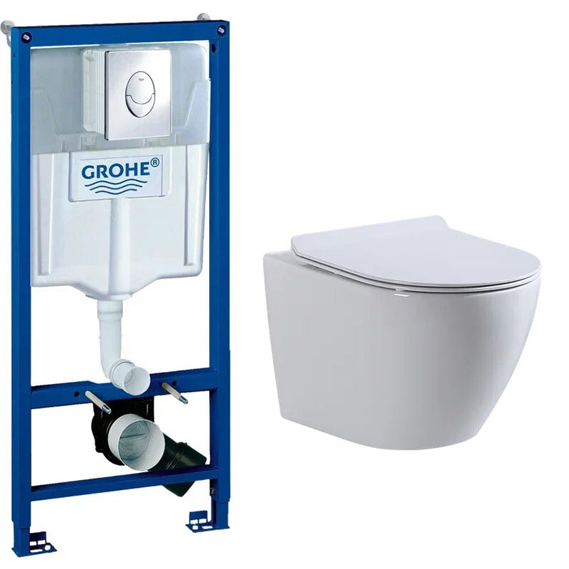Изображение товара Инсталляция Grohe Rapid SL 38721001, унитаз белый BeWash Minimal BKWHR003480, сиденье микролифт, клавиша Skate Air хром, комплект GR7210480