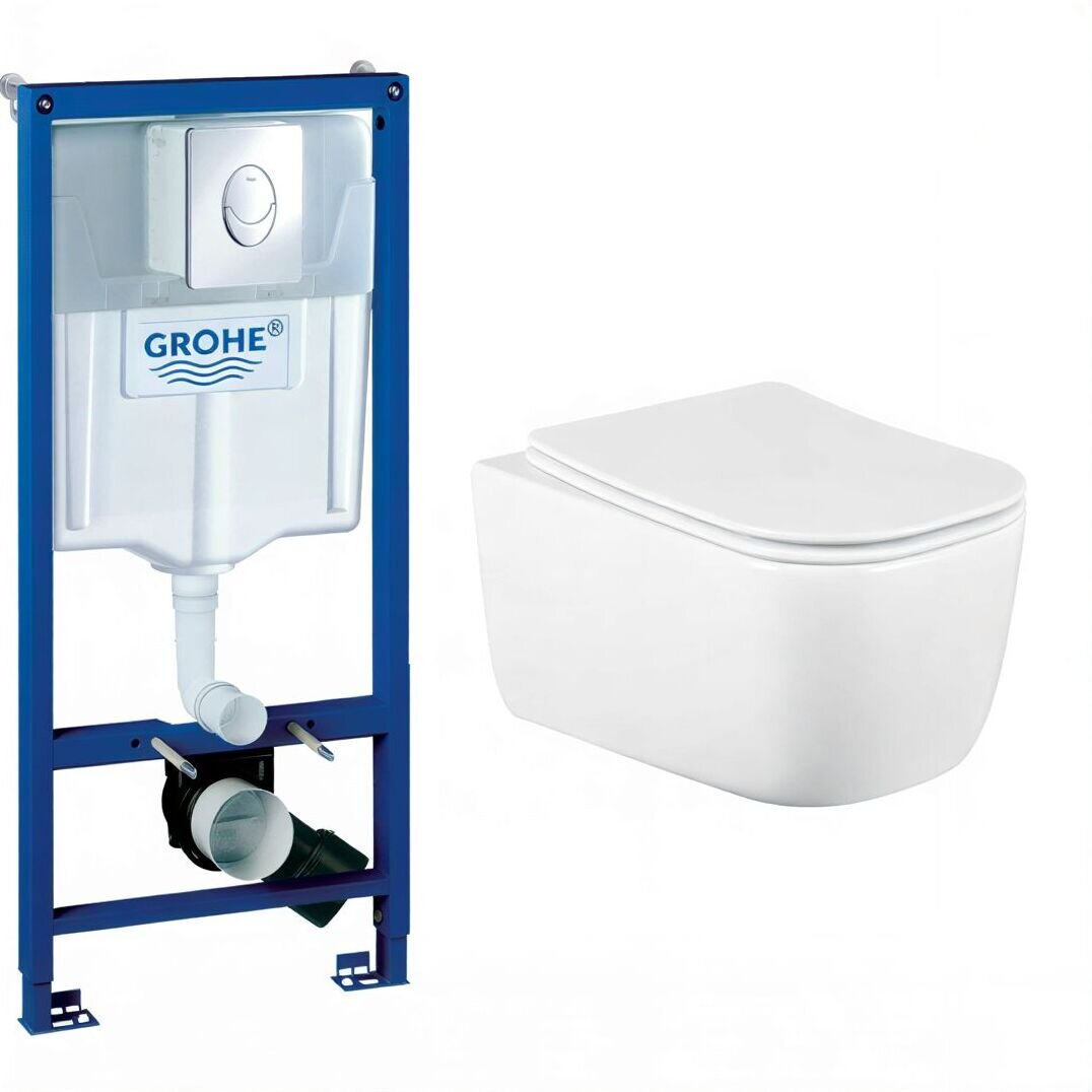 Изображение товара Инсталляция Grohe Rapid SL 38721001, унитаз белый BeWash Schutz BKWHR002510, сиденье микролифт, клавиша Skate Air хром, комплект GR7210510