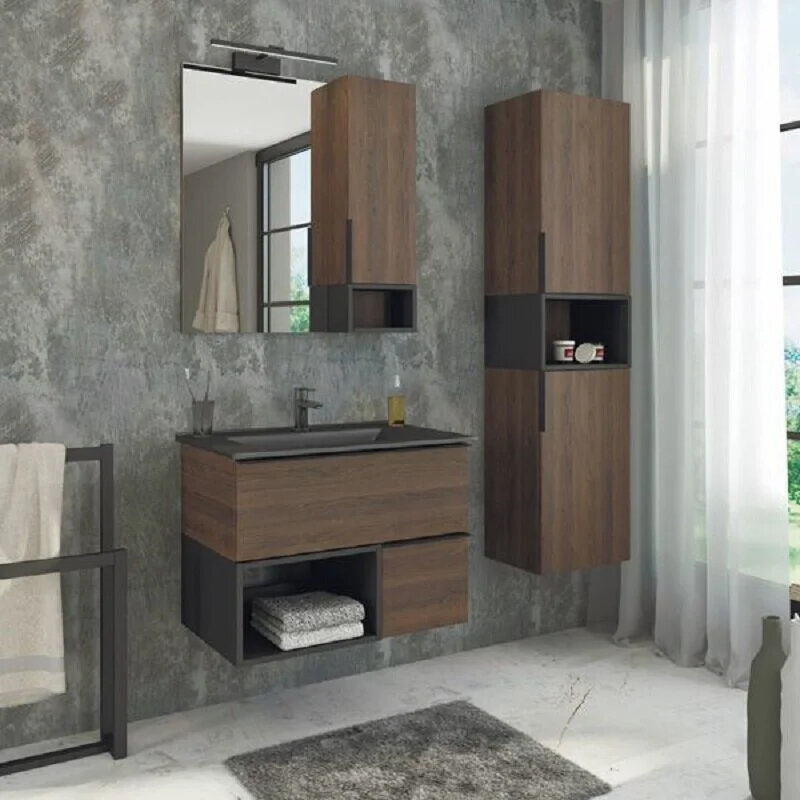 Изображение товара Комплект мебели Comforty Франкфурт: тумба с раковиной и зеркальный шкаф, дуб шоколадно-коричневый, 00-00000889/00004151044 (выставочный образец, отсутствует упаковка)