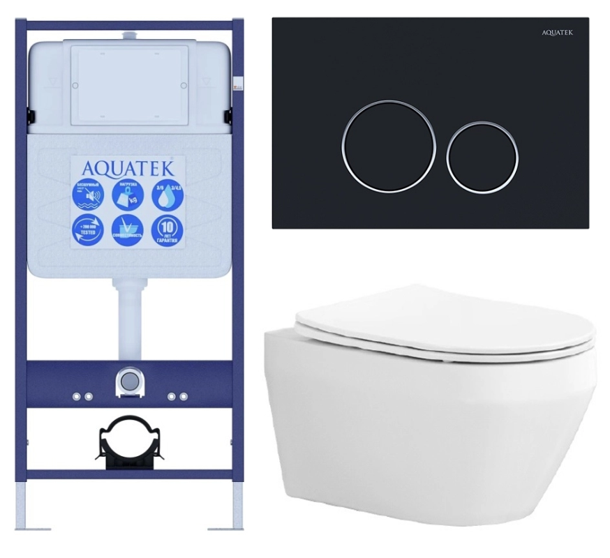 Изображение товара Инсталляция Aquatek Standart с безободковым унитазом Лея 4 в 1, микролифт, черная клавиша