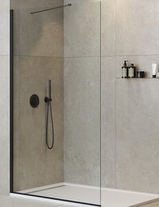 Изображение товара Душевая стенка со свободным входом Cezares Liberta-L-1-TB-115-C-NERO, 115 см, угловой кронштейн 70 см, стекло прозрачное, профиль черный матовый