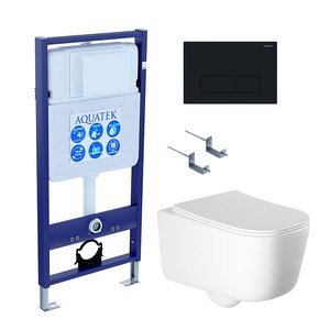 Изображение товара Инсталляция Aquatek Standard SET AQUATEK ЛУГАНО-017 4в1, с безободковым унитазом Лугано, крышка микролифт, крепеж в комплекте, клавиша черный матовый