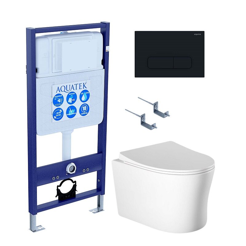 Изображение товара Инсталляция Aquatek Standart SET AQUATEK НИКА-017 4в1, с безободковым унитазом Ника, крышка микролифт, крепеж в комплекте, клавиша черный матовый