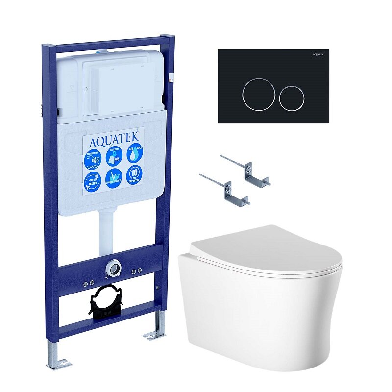 Изображение товара Инсталляция Aquatek Standart SET AQUATEK НИКА-020 4в1, с безободковым унитазом Ника, крышка микролифт, крепеж в комплекте, клавиша черный матовый