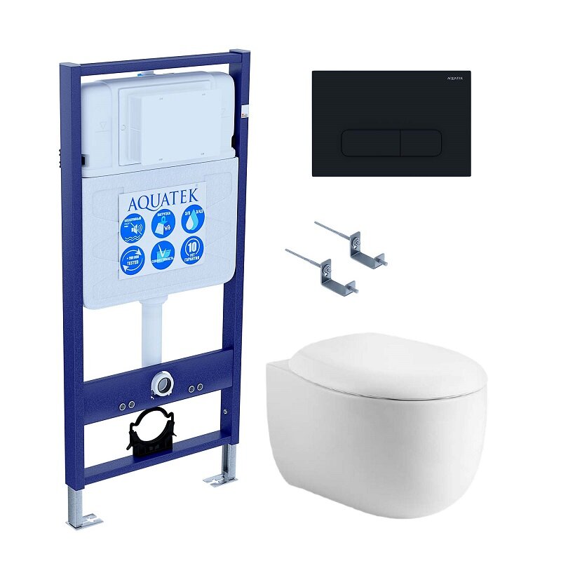 Изображение товара Инсталляция Aquatek Standart SET AQUATEK АЛЬТАИР cm-017 4в1, с безободковым унитазом Альтаир, крышка микролифт, крепеж в комплекте, клавиша черный матовый