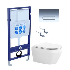 Изображение товара Инсталляция Aquatek Standart SET AQUATEK ЛЕЯ cm-016 4в1, с безободковым унитазом Лея, крышка микролифт, крепеж в комплекте, клавиша хром глянцевый