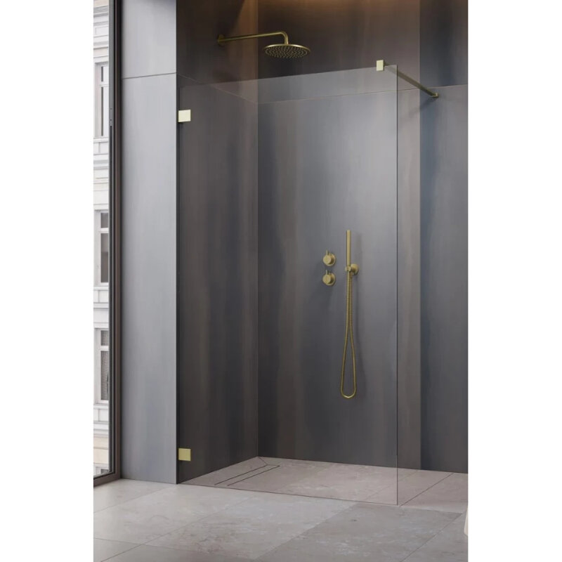 Изображение товара Душевая стенка Radaway Essenza Walk-in Pro 10103115-99-01 115 см со свободным входом, кронштейн обрезной 120 см, стекло прозрачное, профиль брашированное золото