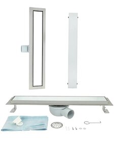 Изображение товара Дренажный канал ALMAes Laguna 80 см, LG80WH, решетка под плитку, нержавеющая сталь/стекло, цвет белый