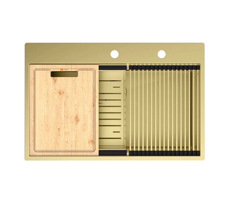 Изображение товара Кухонная мойка Lemark Iordana 9938118, 78 см, нержавеющая сталь, ролл-мат, коландер, разделочная доска, PVD-nano покрытие, золото светлое