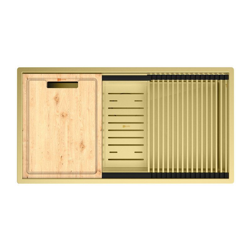 Изображение товара Кухонная мойка Lemark Tabaga 820 9938134, 82 см, нержавеющая сталь, ролл-мат, коландер, разделочная доска, PVD золото светлое