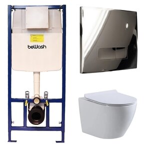 Изображение товара Инсталляция BeWash с унитазом BeWash Minimal 74P04PK03480, сиденье микролифт, клавиша Neox P04SC хром глянец