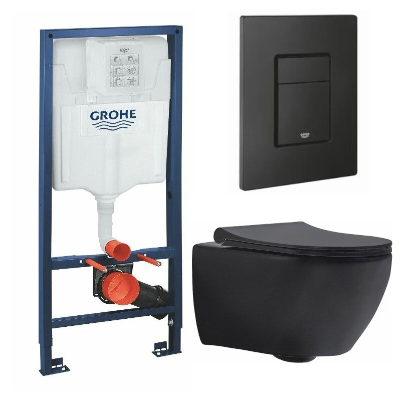 Изображение товара Инсталляция Grohe Rapid SL GRH939303270 с унитазом beWash Bogen, сиденье микролифт, клавиша Grohe черная матовая