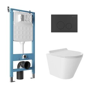 Изображение товара Комплект Aqueduto AQDS036T: инсталляция Aqueduto Tecnica, безободковый унитаз Aqueduto Cone, смыв торнадо, с крышкой-сиденьем микролифт, клавиша Circulo, цвет черный матовый