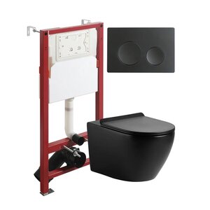 Изображение товара Инсталляция Agger ATI03144+APB144, с подвесным безободковым черным унитазом, сиденье микролифт, клавиша смыва черная матовая